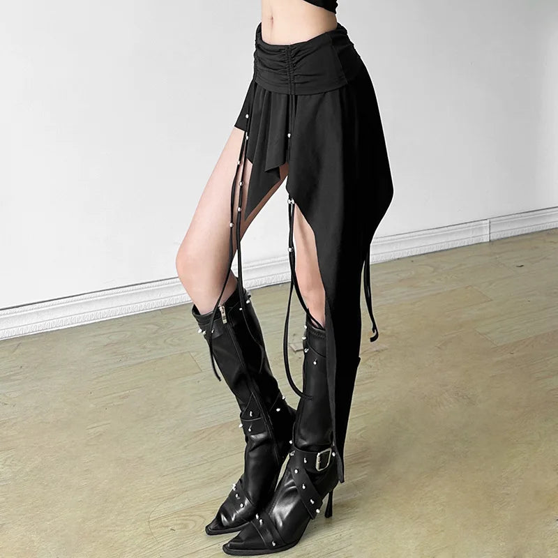 Goth Dark Mall Gothic Dropped Waist Drawstring Mini Skirt Punk Grunge Women Irregular Hem A-line Skirts Chic E-girl Techwear Y2K