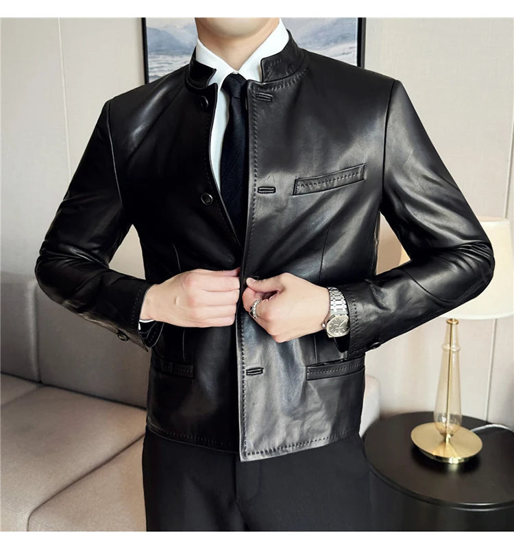 Autumn  Chinese Style Stand Up Collar Leather Jacket Men's Motorcycle Jackets High-end Casual Business Short PU Leather Coats