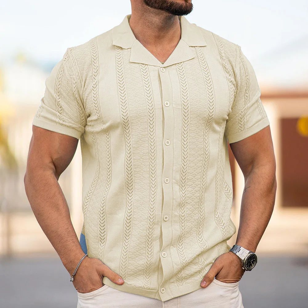 2025 Summer Men's Striped Hollow Solid Color Short Sleeve Knitted POLO Shirt Retro Casual Fashion Trend Simple Loose Men's Tops