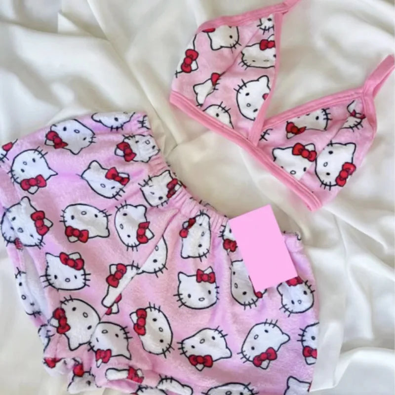 Hello Kitty ladies Pajama Two Piece Sanrio Anime Kawaii Women Home Underwear Cute Summer Beachwear Bra Shorts Girl Bikini