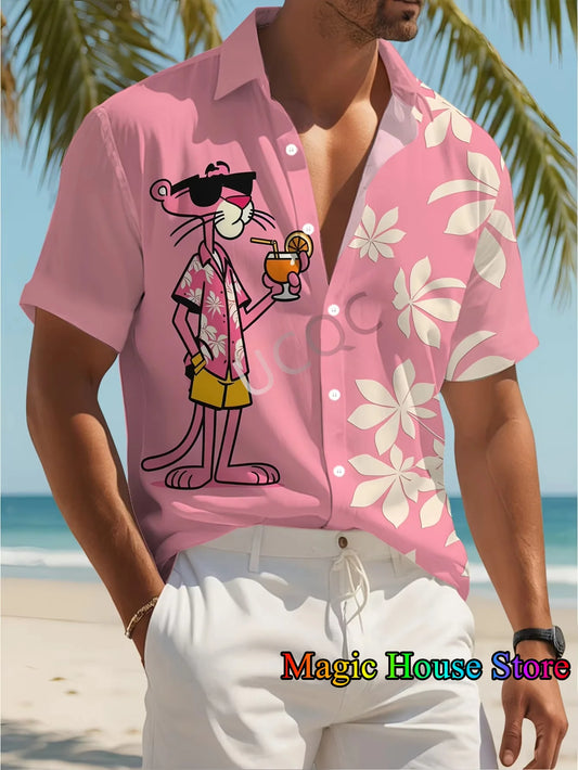 MINISO New Men's Lapel Short Sleeve Hawaiian Shirt Summer Pink Panther Print Hawaii Vacation Casual Fashion Kids/Adult Tops