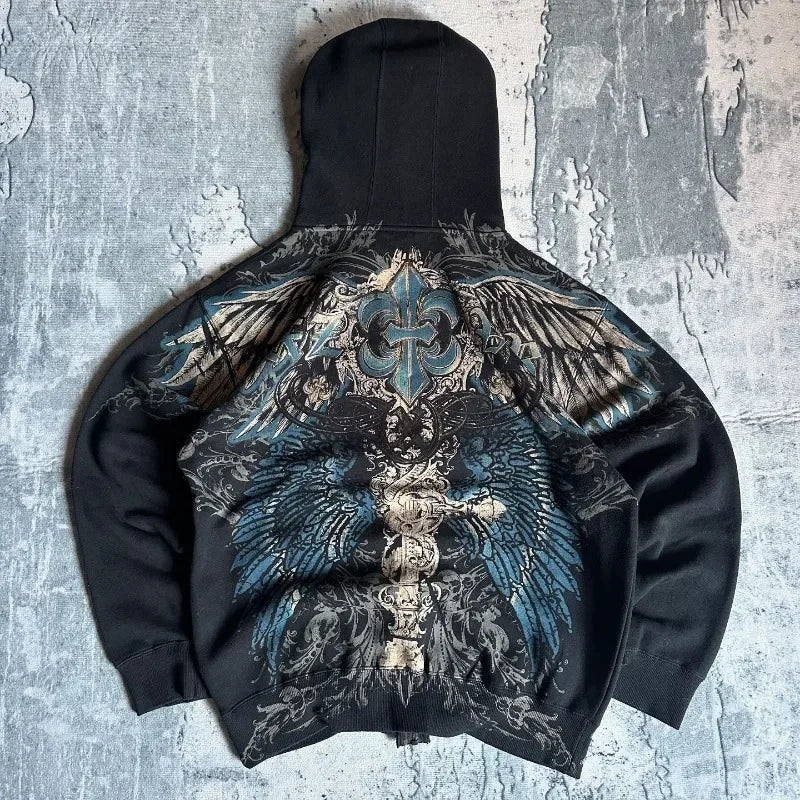 Gothic New Fashion Oversized Letter Printed Zipper Hoodie Sweater Men Y2K Harajuku Rock Casual Couple Sweatshirt Streetwear