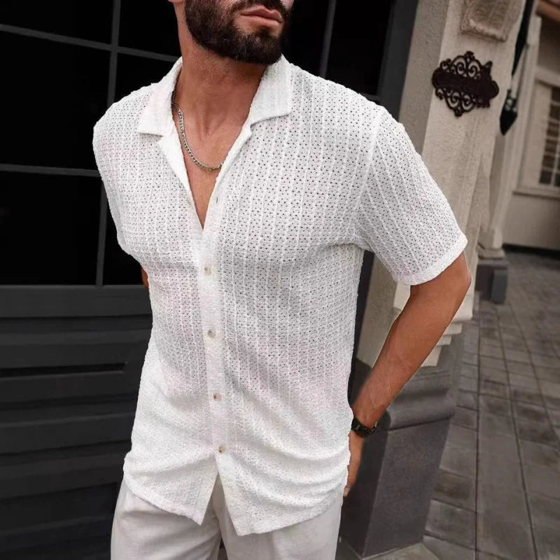 Men's Casual Knit Shirt Summer New Solid Color Turn-down Collar Hollow Breathable Short Sleeve Top