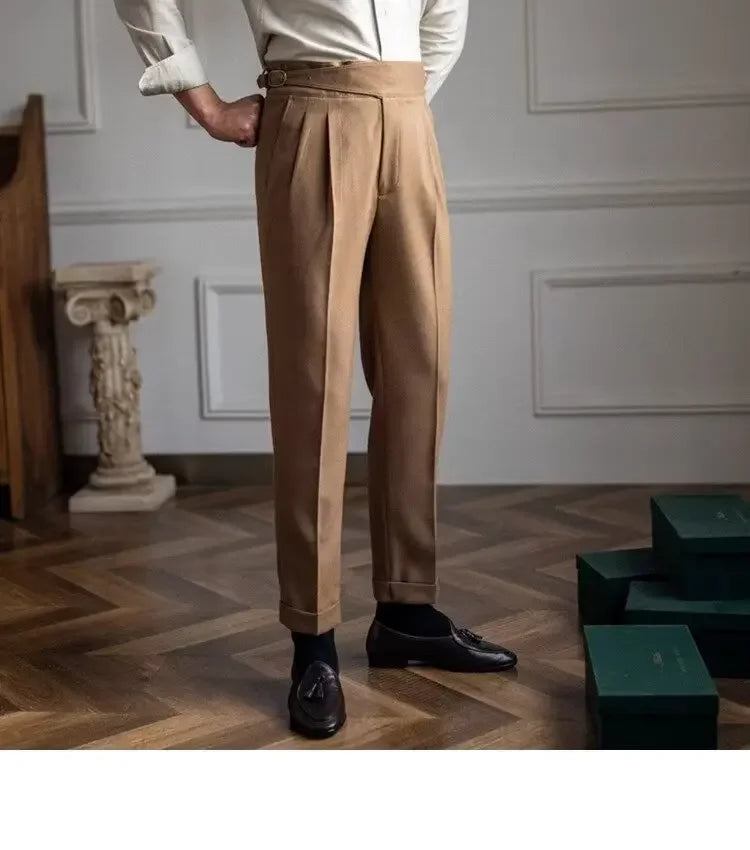 High-waisted Casual Straight-leg Suit Pants For Men Autumn Vintage Draped Waist Trousers Naples Retro Style Business Formal Wear