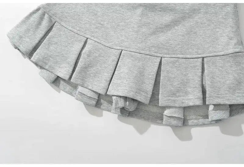 HOUZHOU Terry Fabric Y2K Mini Skirt Women Low Waist Wide Pleat Light Grey Sexy Vintage A-line Pleated Skirt Casual Skort Summer