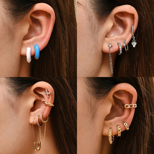 Punk Rock Helix Fake Cartilage Ear Cuff with Long Chain Circle Hoop Earrings Set for Women Tiny Piercing Huggie Earring Jewelry