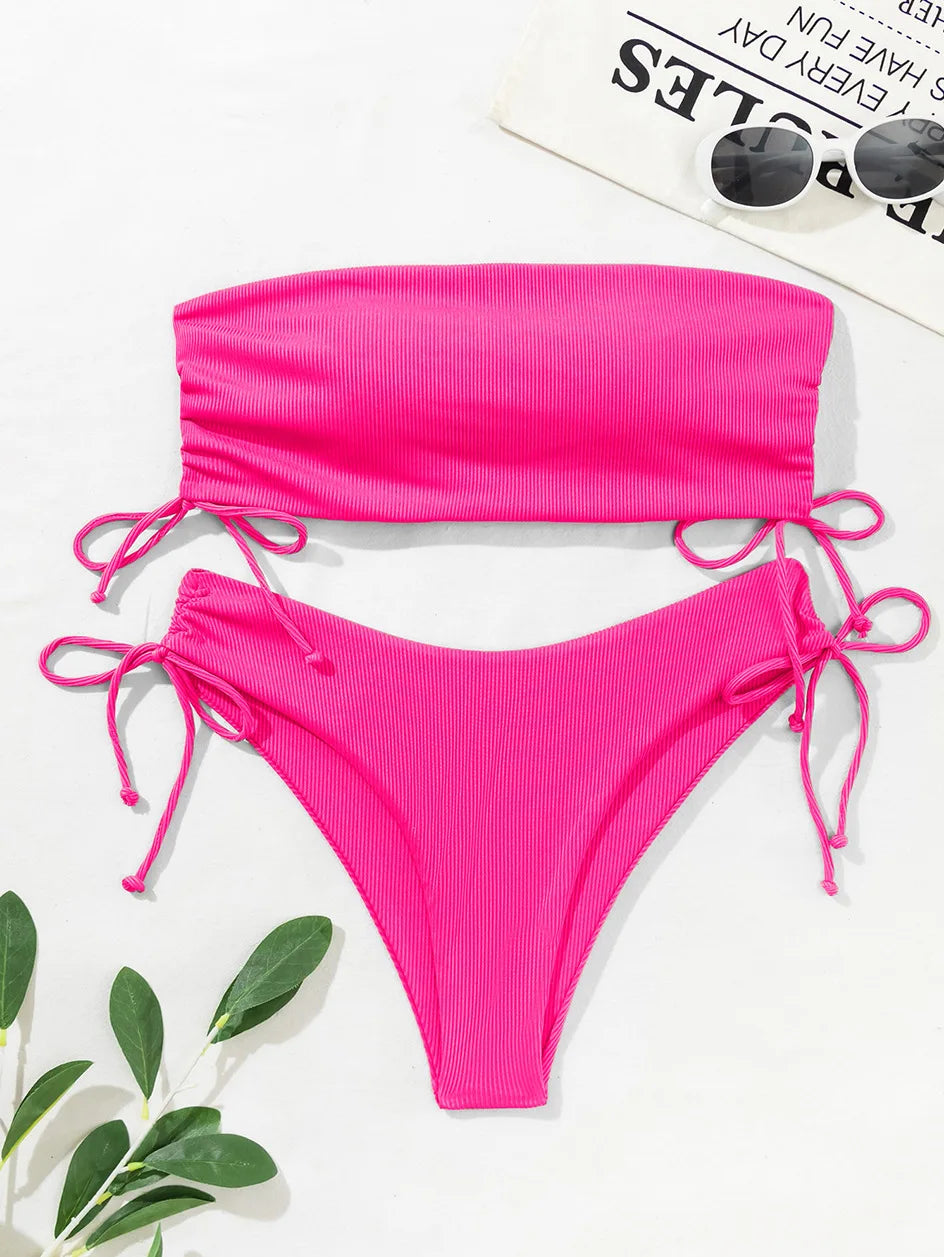 UETEEY 2025 New Summer Swimwear Bikinis Set Sexy Strapless Bikini 2 Piece Set Women Solid Split Swimsuit Backless Beach Bikini