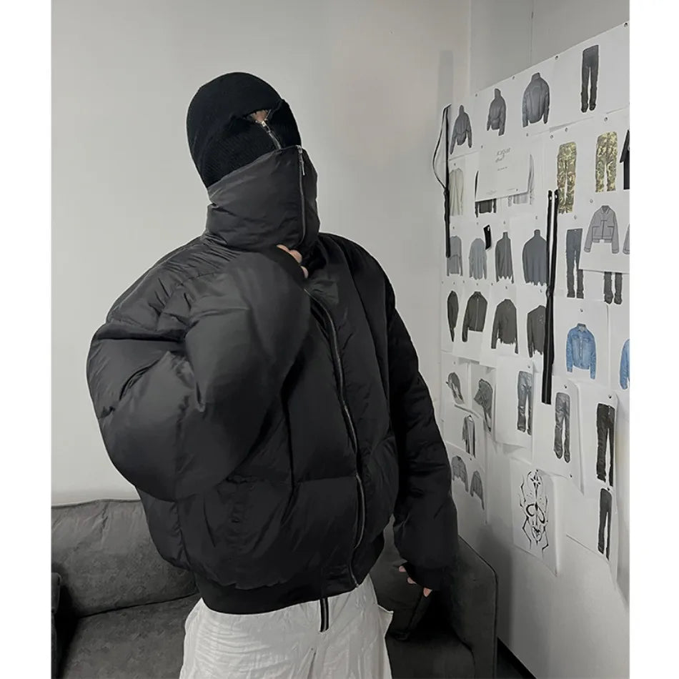 Black Stand Collar Cotton Jacket Mens Heavy Weight Winter Trend High Street Short Parkas Thickening Warm Fluffy Bread Coats