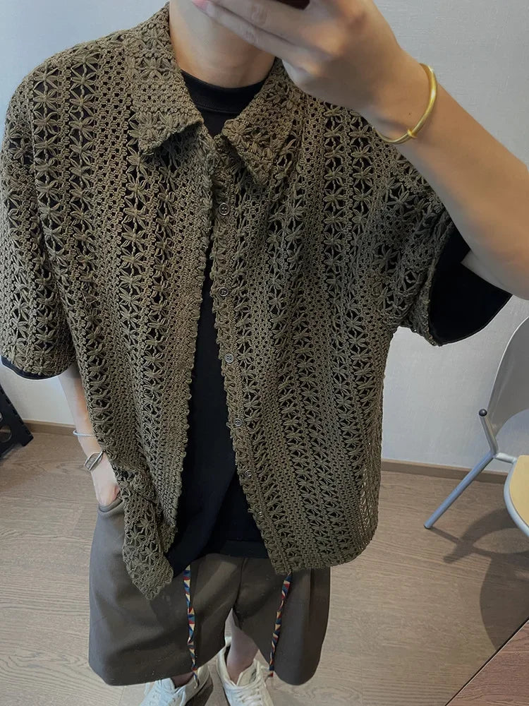 Summer American Style Vintage Distressed Versatile Military Green Knit Hollow Breathable Loose-fit Casual Short Sleeve Shirt Men