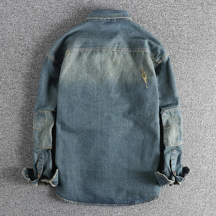 Sping New Japanese Retro High Quality Denim Cargo Shirt Men's Fashion 100% Cotton Washed Old Thick Double Pocket Casual Jacket