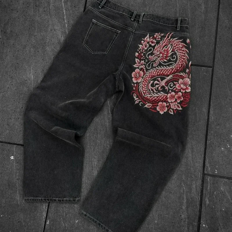 Y2K New American Retro Hip-Hop Cherry Blossom Dragon Print Loose Jeans For Men and Women Gothic Hip-Hop Casual Joker Street Wear