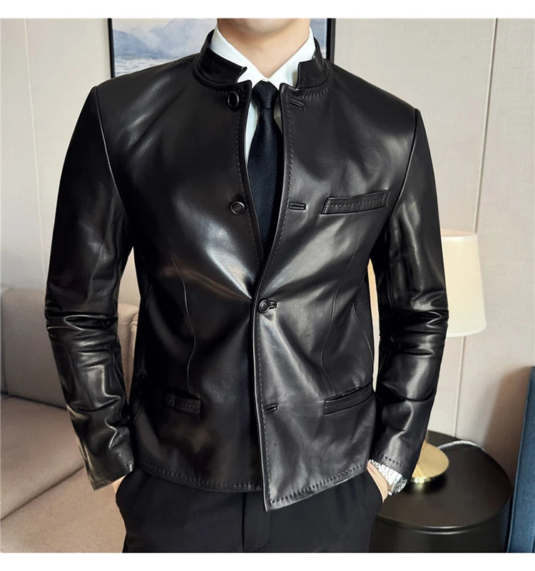 Autumn  Chinese Style Stand Up Collar Leather Jacket Men's Motorcycle Jackets High-end Casual Business Short PU Leather Coats