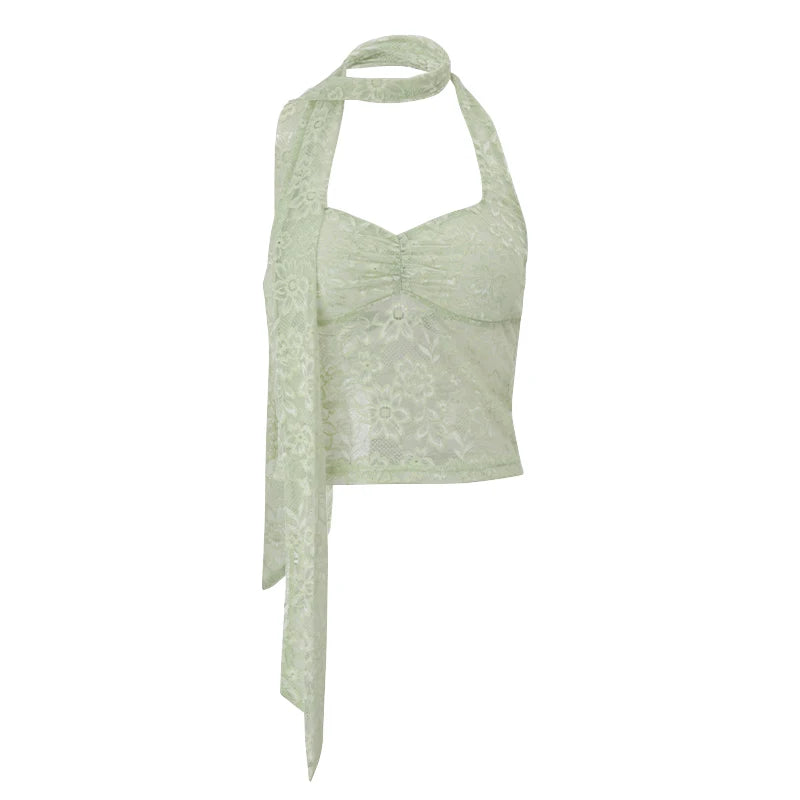 WhereMery Sexy Halter Lace See Through Crop Top for Women Summer Backless Party Street Tank Tops Y2K Fashion Basic T-Shirts Vest