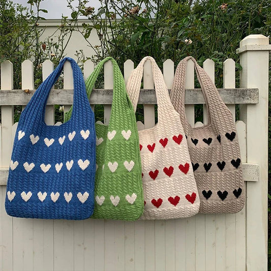 Women Knitted Bag Woven Love Heart  Pattern Wool Portable Shoulder Bag Shopping Bags Workers Students Daily Commuter Bags