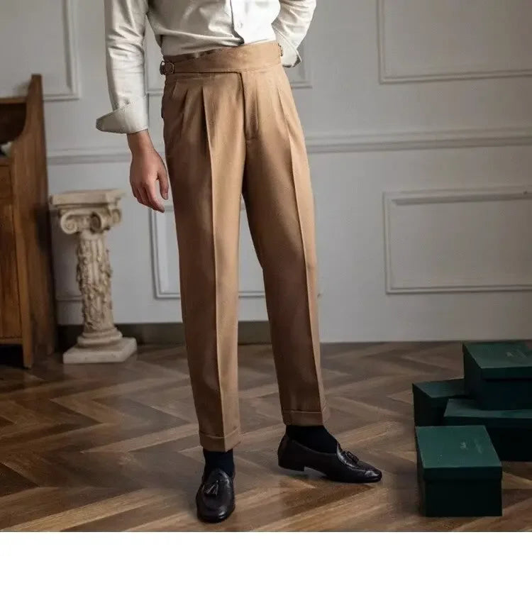High-waisted Casual Straight-leg Suit Pants For Men Autumn Vintage Draped Waist Trousers Naples Retro Style Business Formal Wear