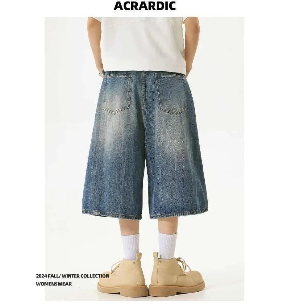 American High Street Lightning Jeans Men's Straight Leg Wide Leg Hip Hop Cool Retro American Seven-Foot Blue Shorts