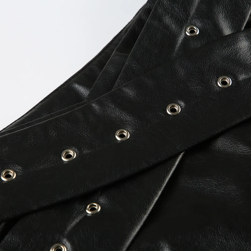 IAMSURE Dark Pu Leather Bodycon Skirt Sexy Slim Low-Waisted Super Mini Skirts Women 2024 Summer Fashion Streetwear Punk Style
