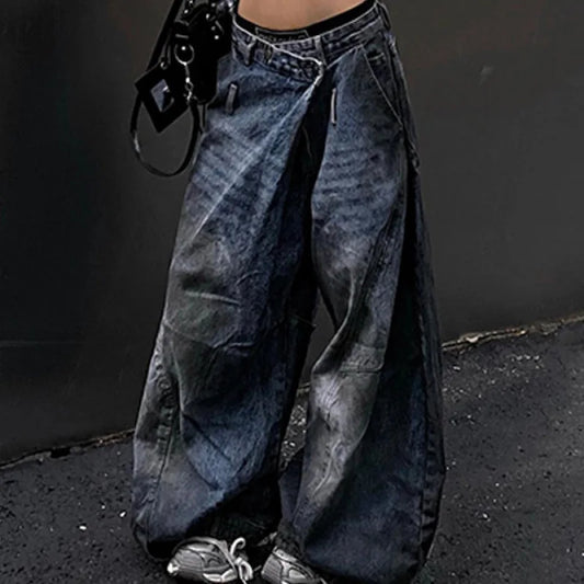 Blue Womens Jeans High Waist Vintage Design Hip Hop Straight Baggy Denim Pants Street Y2K American Style Wide Leg Denim Trouser