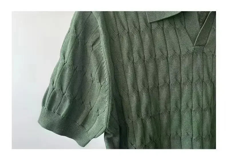 Summer New Light Maturity Knitted Polo Shirt Men's Korean Style Slim Fit Collar Pure Color Casual T-Shirt Cross-Border
