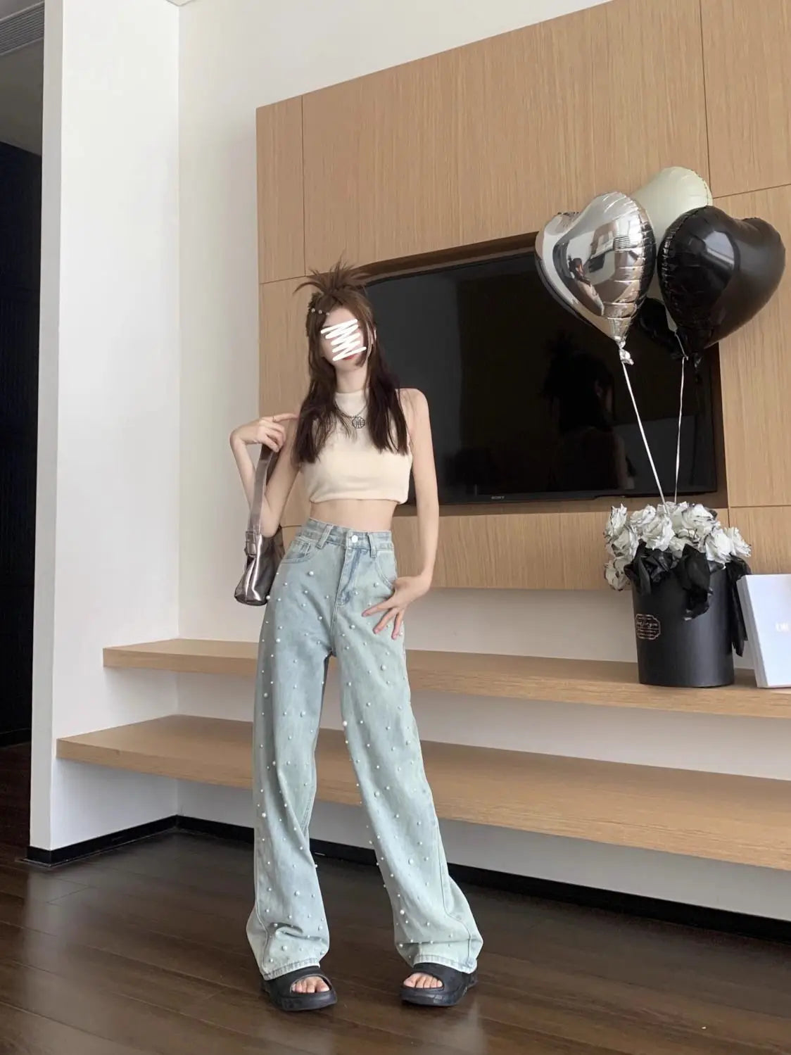Women's Jeans High Waist Straight Blue Beaded Pearls Denim Pants Spring Autumn Chic Streetwear Design Baggy Jeans Women Clothing