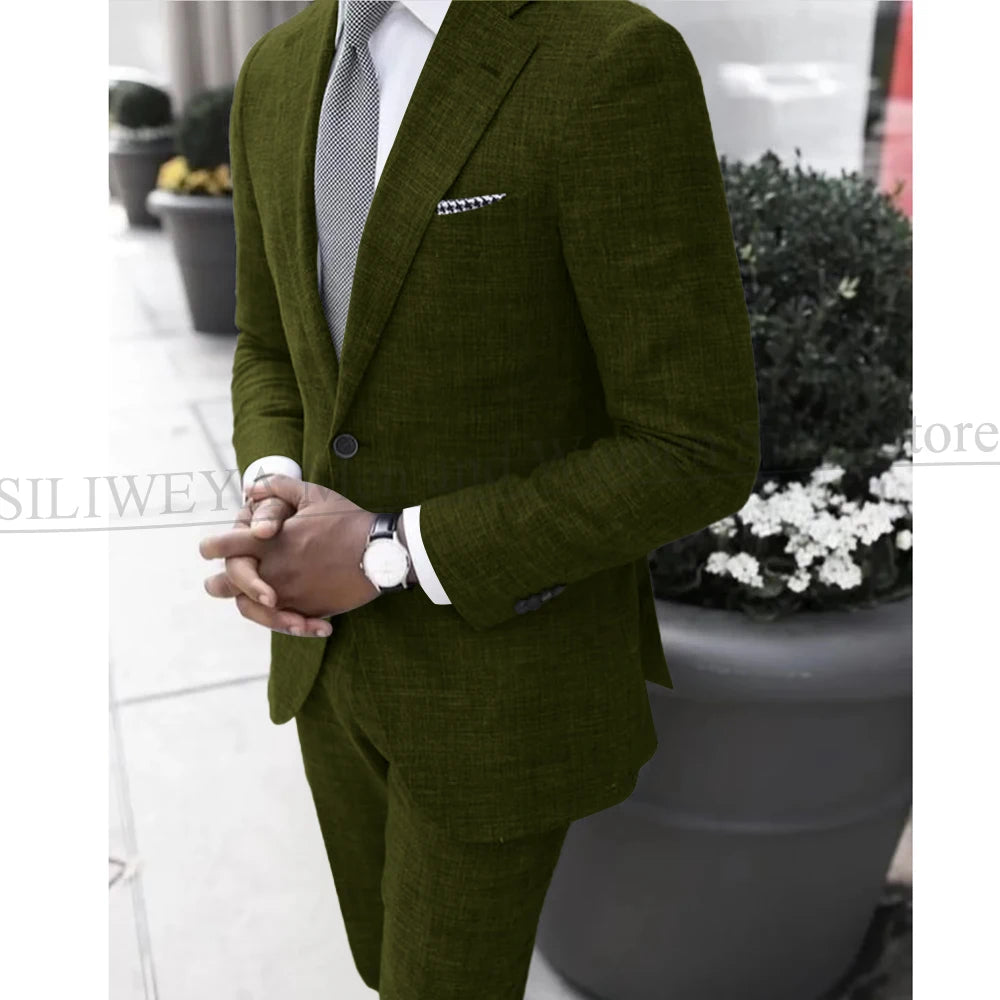 2025 Dark Gray Linen Men's Suit Bridegroom Tuxedo Tailor-Made Wedding Custom Single Breasted Male Blazer 2 pcs(Jacket+pants)