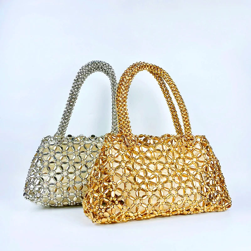 Korean version personalized woven hollowed out high aesthetic ceiling versatile handbag shiny handmade pearl tote underarm bag