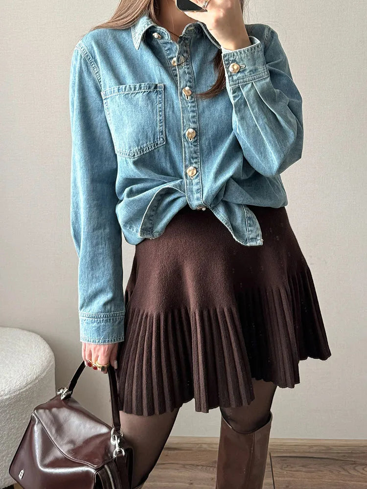 Knitted Pleated School Skirt Women Spring Winter Sexy A-line Women's Skirt Solid Casual High Waist Short Skirts For Woman Black