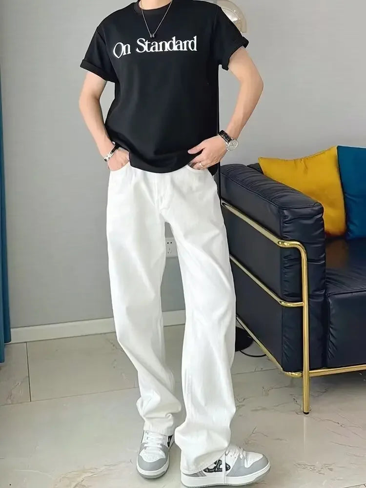Hong Kong Style White Jeans For Men Casual Loose Fit Trendy Brand Vibe High Street Straight Leg Pants Autumn Season