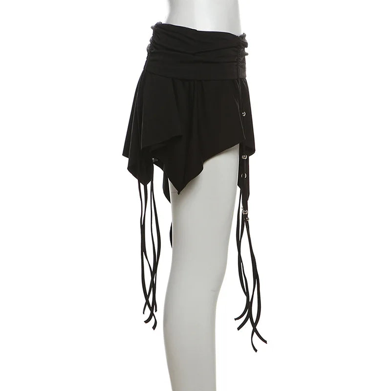 Goth Dark Mall Gothic Dropped Waist Drawstring Mini Skirt Punk Grunge Women Irregular Hem A-line Skirts Chic E-girl Techwear Y2K