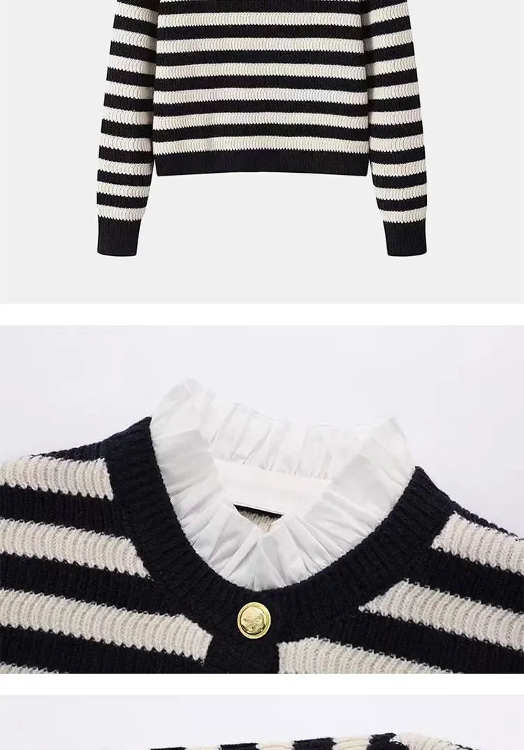 2024 Spring Classic S Letter Knit Cardigan Coat Women Stripe Sweater Ruffles Collar Tops Luxury Designer Brand Chic Y2K Clothing