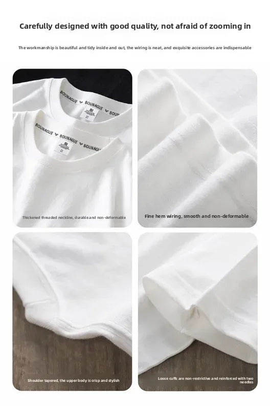 Heavyweight Pocket Short Sleeve T-Shirt Pure Cotton White Base Shirt Top for Men And Women Spring Casual Breathable Crew Neck