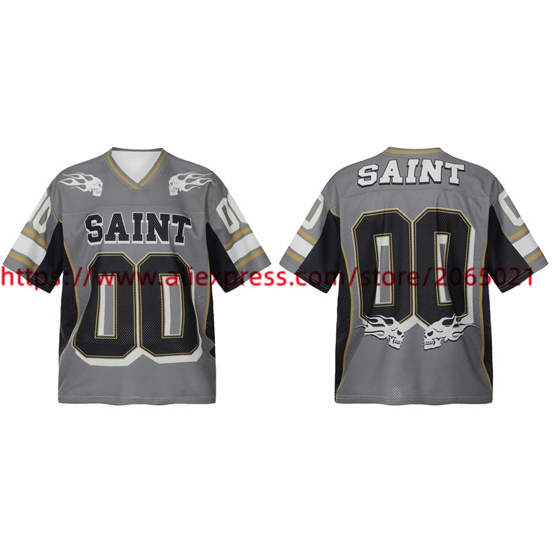 Black White Patchwork Mesh Saint T-Shirt Men Women High Quality Short Sleeve Tee Loose T Shirt