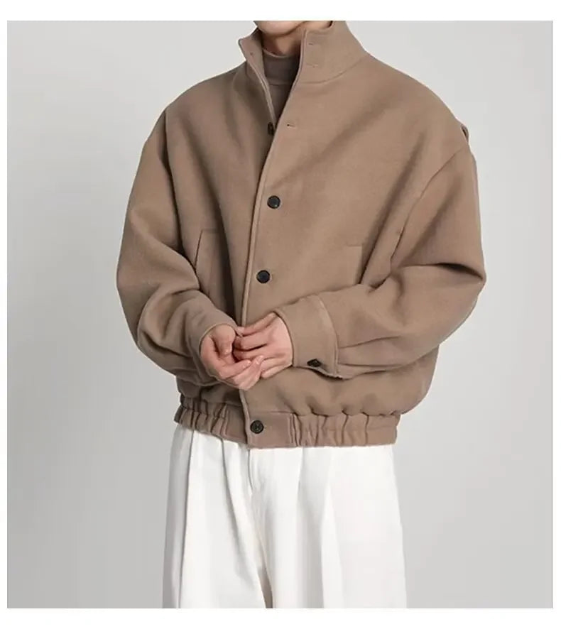 Autumn Winter Men's Fashion Stand Collar Jacket Woolen Coat British Style Baseball Design Workwear Thin Model Summer Suitable