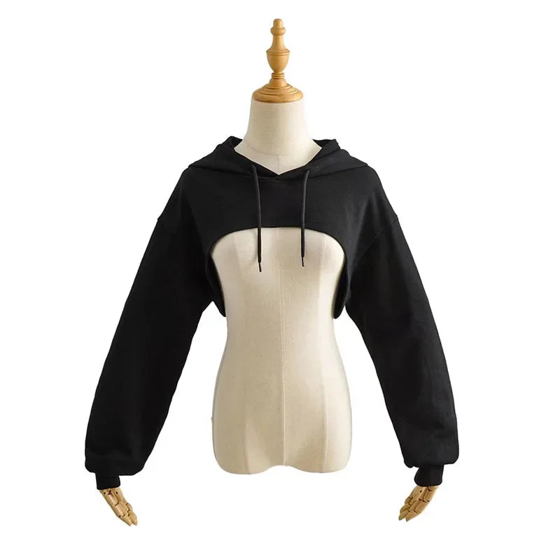 YPFF Spring New Style European Cropped Sports Drawstring Hooded Sweatshirt Women's Solid Color Versatile Long Sleeve Hooded Top