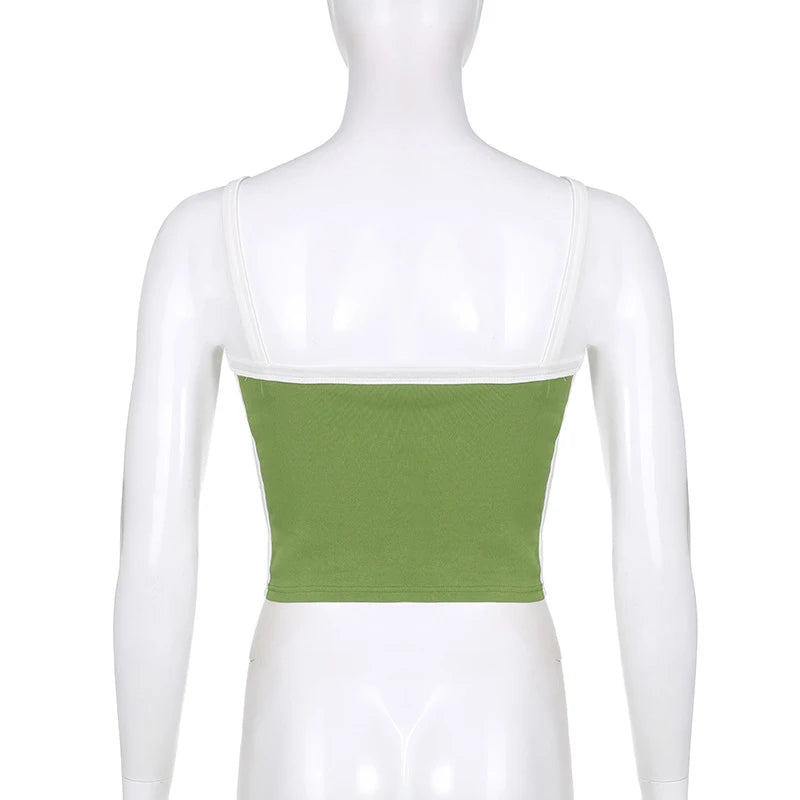 2025 Summer Casual Cami Backless Y2k Vintage Tank Top WomenSleeveless Knitted Crop Tops Green Sexy Basic Patchwork