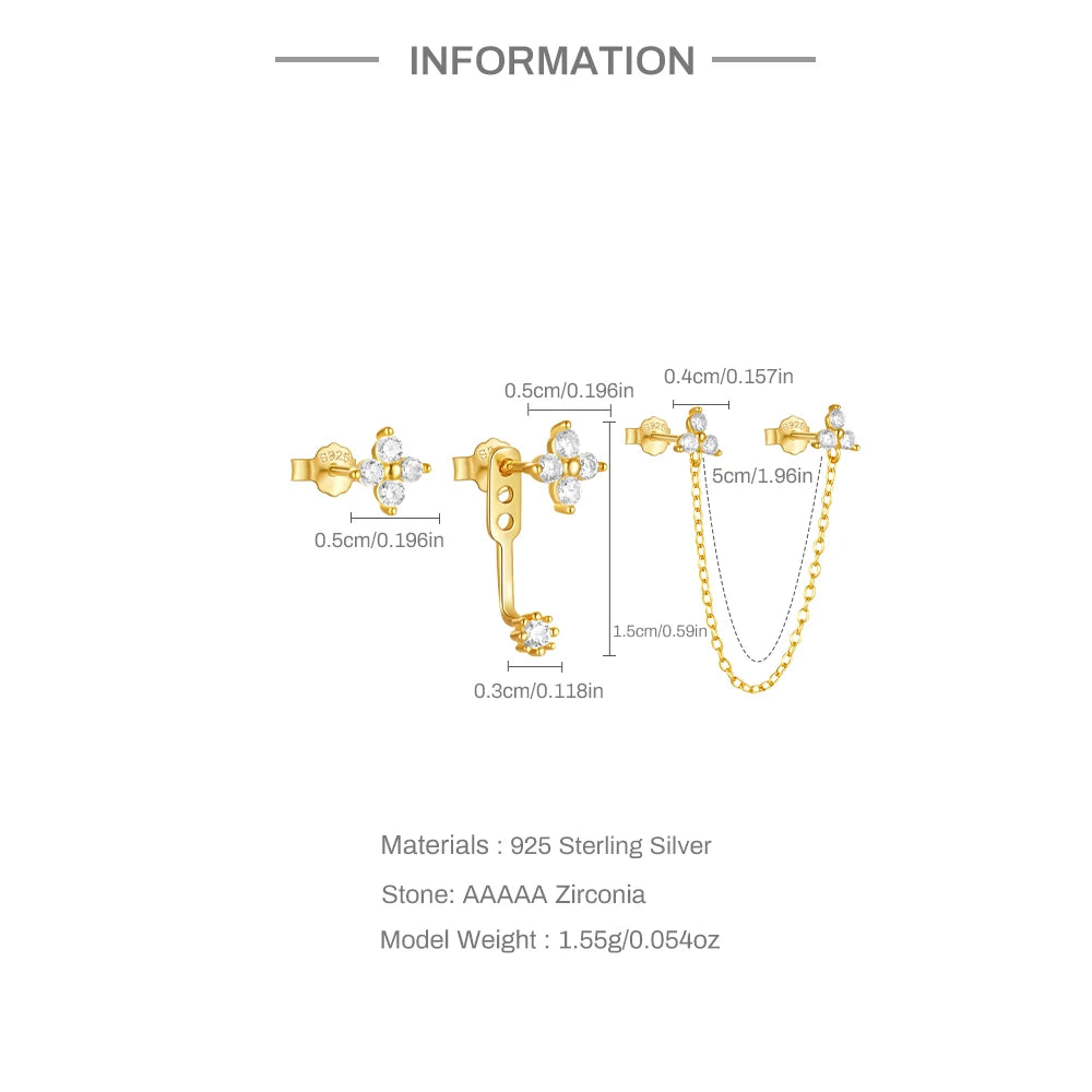 Aide 925 Sterling Silver 3pcs Set Two Stud Tassel K Gold Chain Flower Zircon Earrings For Women Fine Jewelry Valentine Day Gift