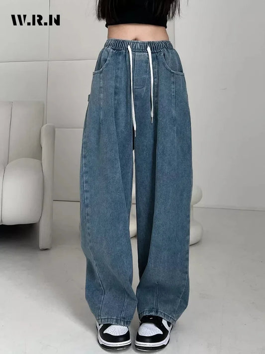 2025 Summer Women's Casual Harajuku Jeans Vintage Loose Elastic Waist Washed Pants Y2K Wide Leg Punk Baggy Denim Trouser