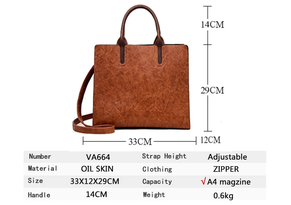 Vintage OIL SKIN Leather Big Casual Tote Women Bags High Quality Women's Handbags Shoulder Crossbody Bags Brown Black Sac A Main