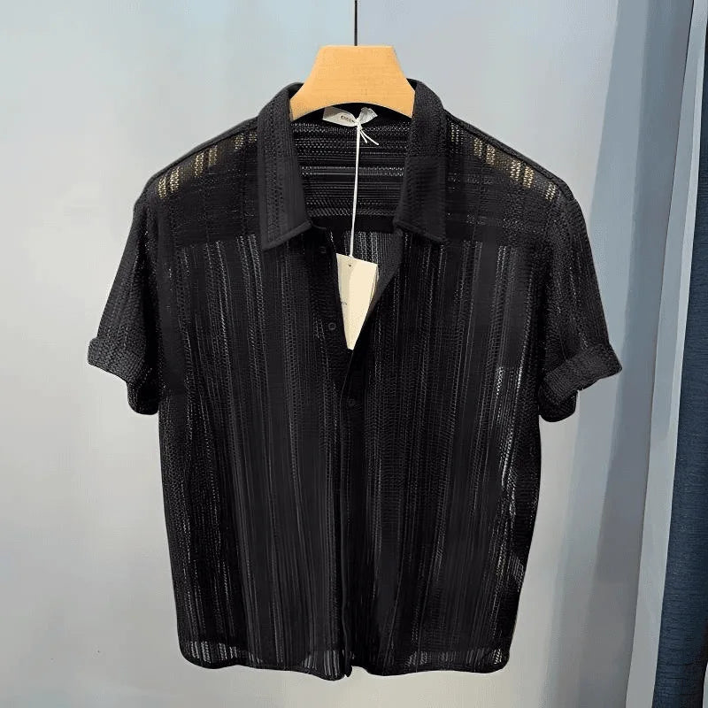 New High-End Hollow Design Men's Summer Thin Short-Sleeve Shirt - Lapel Casual Top