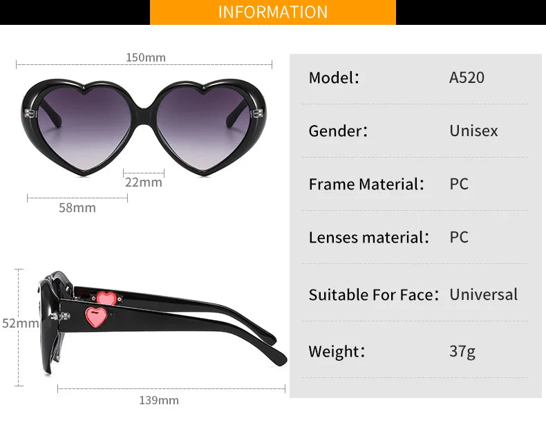 Fashion Ladies Oversized Frame Eyewear New Love Shape Iridescent Shade Luxury Designer Women's Heart Gradient Sunglasses Women