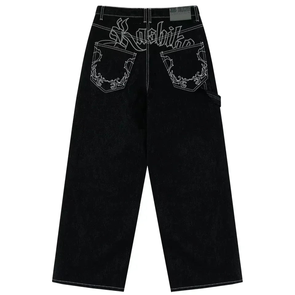 Y2K New American Retro Hip-Hop Cherry Blossom Dragon Print Loose Jeans For Men and Women Gothic Hip-Hop Casual Joker Street Wear