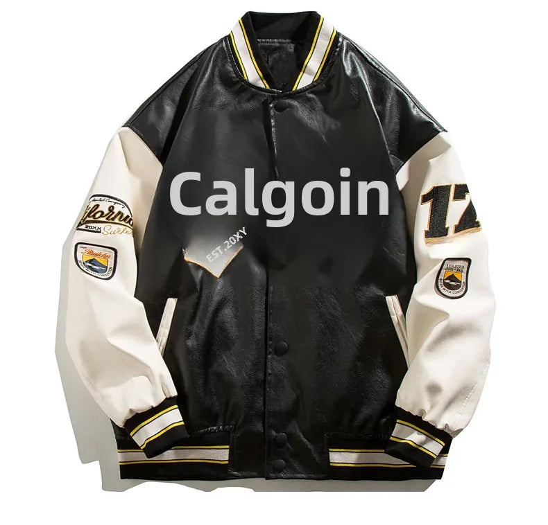 Men's High-end Feel Baseball Jacket New Spring Autumn Style Embroidered Fighter Pilot Pu Leather Patchwork Color Blocking Top