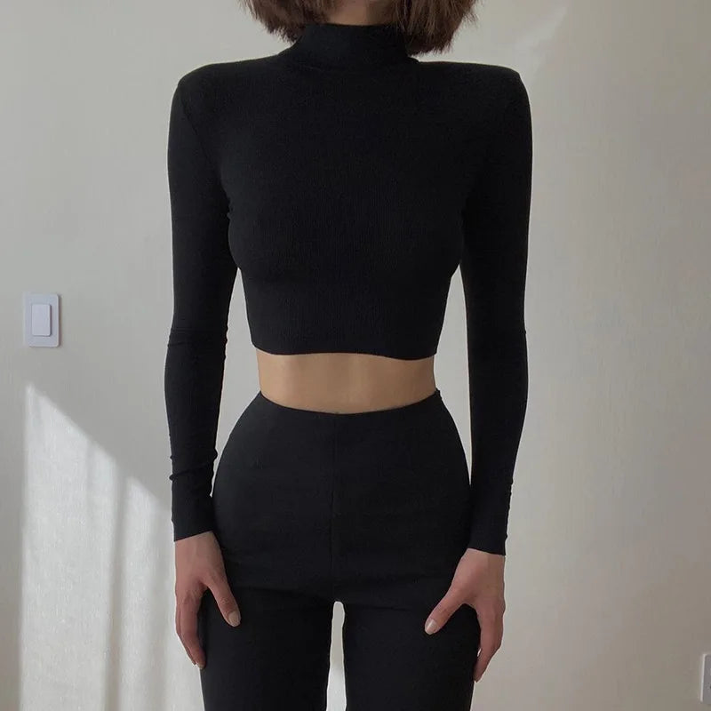 Solid Nude Turtleneck Cropped T Shirt Women Autumn Casual Long Sleeve T-shirt Ladies Skinny Basic Tee Shirt Femme