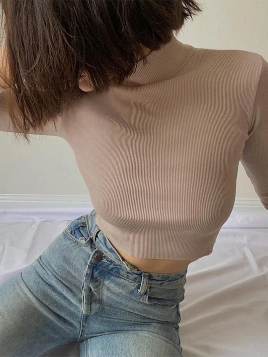 Solid Nude Turtleneck Cropped T Shirt Women Autumn Casual Long Sleeve T-shirt Ladies Skinny Basic Tee Shirt Femme