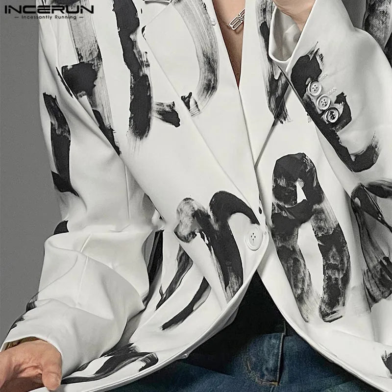 Fashion Casual Style Tops INCERUN Handsome Men's Art Hand-painted Letter Suit Coat Streetwear Male All-match Long Sleeved Blazer