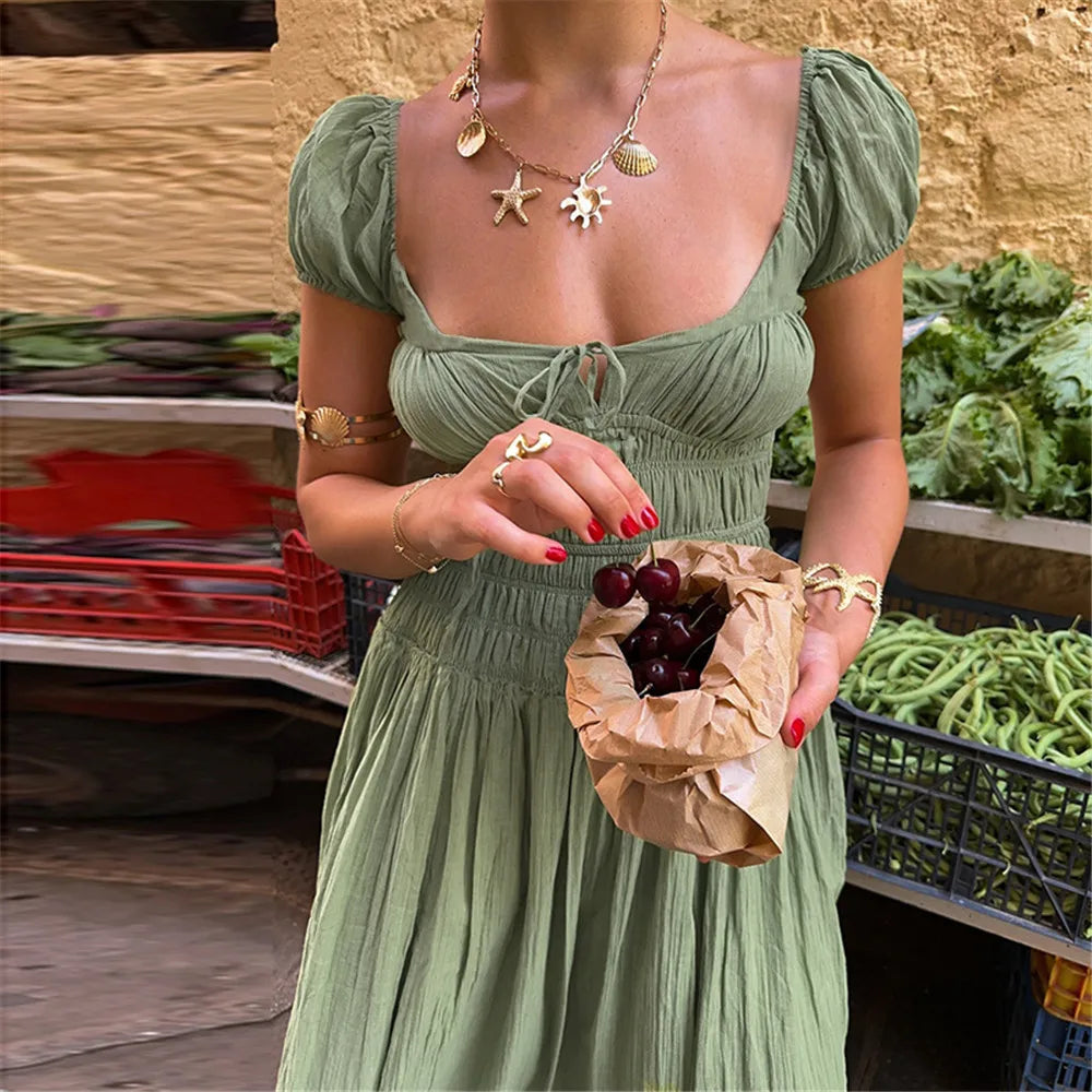 RLMABABY Fashion Casual Holiday Backless Maxi Bodycon Dress Women Summer Square Collar Short Sleeve Hottie Girl Sexy Long Dress