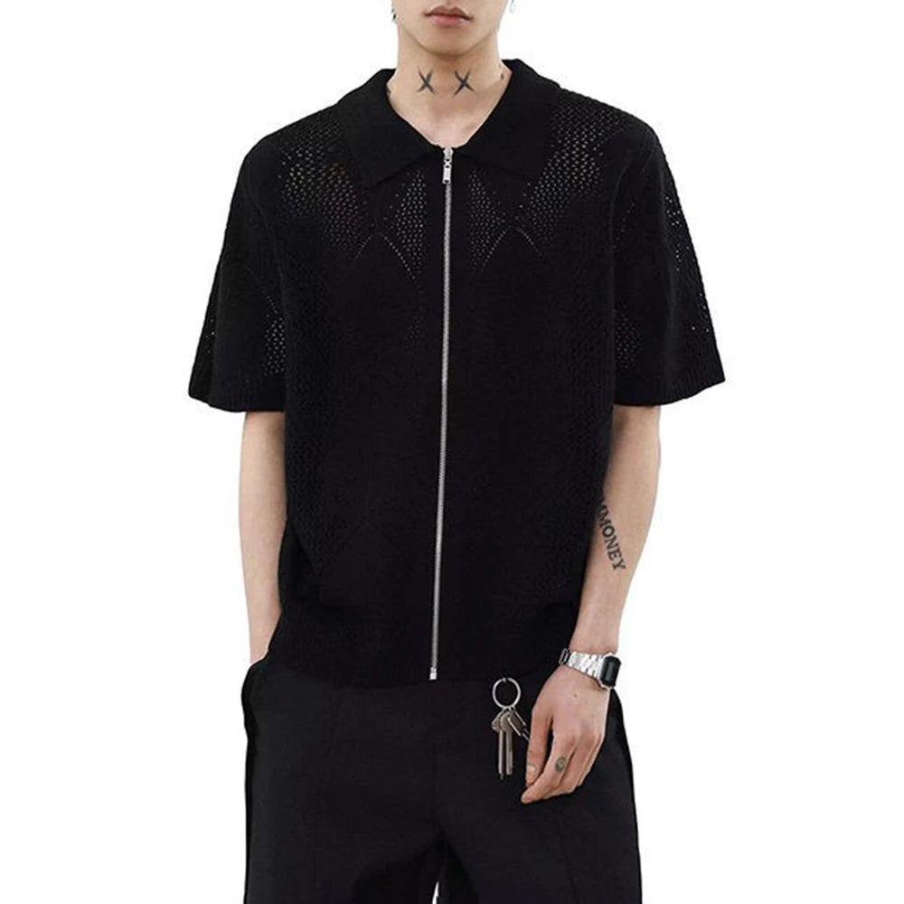 Men's Solid Color Hollow Short-Sleeved T-Shirt American Retro Fashion Trend Casual Simple Loose Breathable Summer New Men's Tops