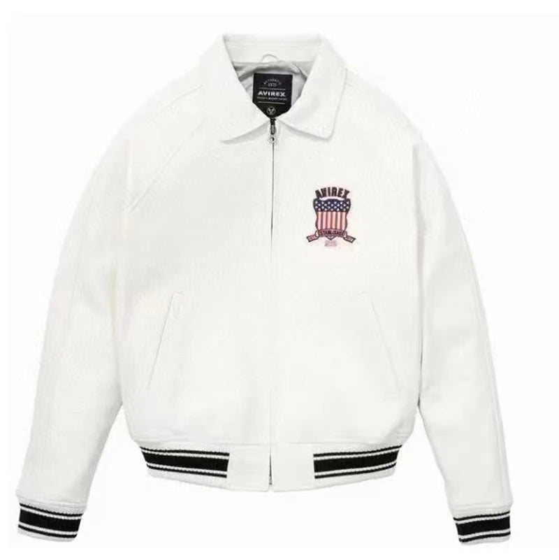 Men's Genuine Leather Varsity Jacket Us plus size Thick European lambskin High Quality Embroidery Avirex Brand