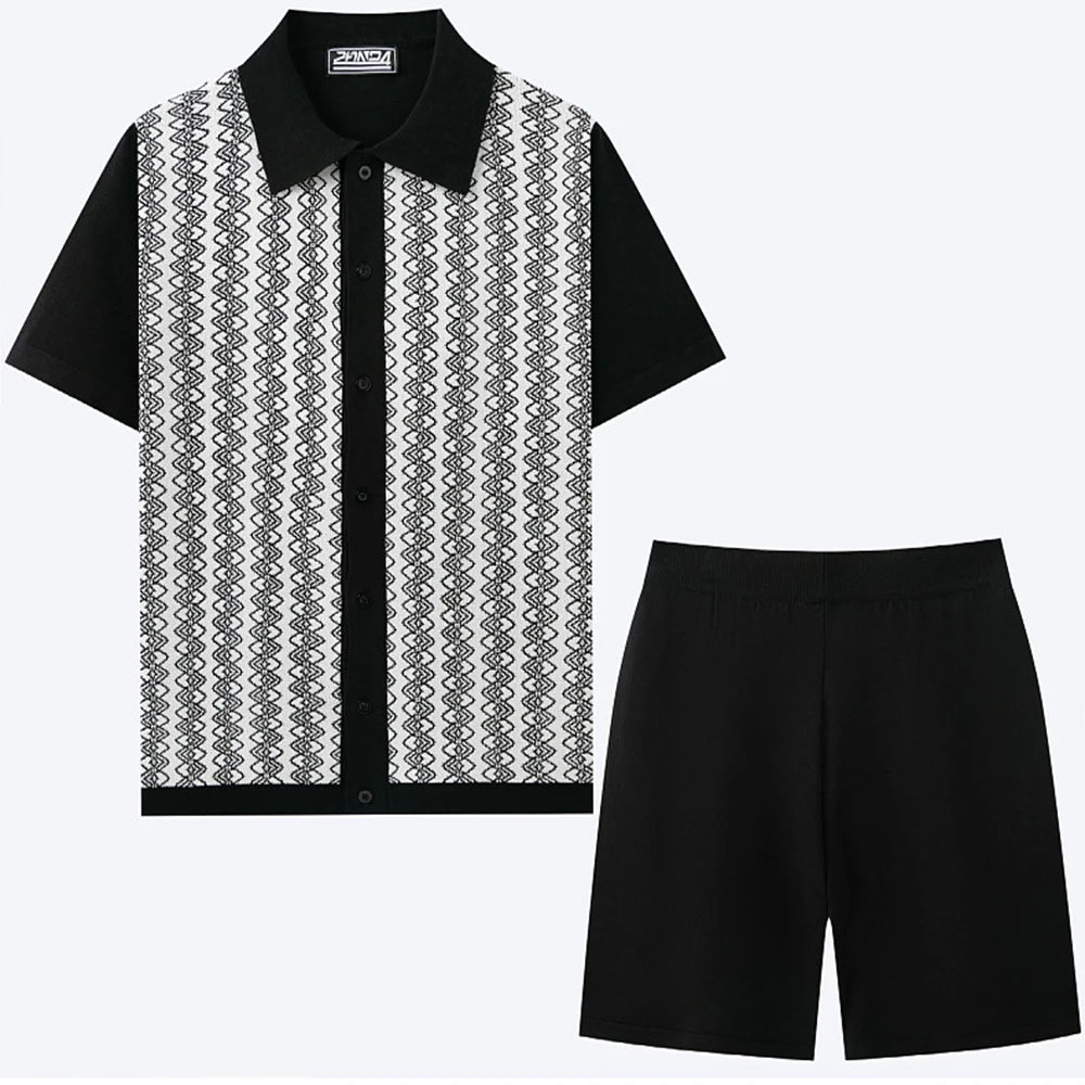 Men's Cardigan Knitted Short-Sleeved Shorts Suit Retro Casual Fashion Trend Loose Breathable Daily 2025 Summer New Men's Suit