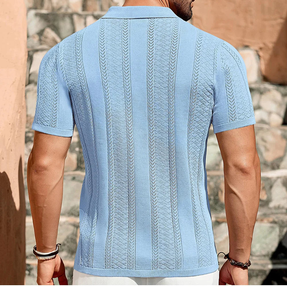 2025 Summer Men's Striped Hollow Solid Color Short Sleeve Knitted POLO Shirt Retro Casual Fashion Trend Simple Loose Men's Tops